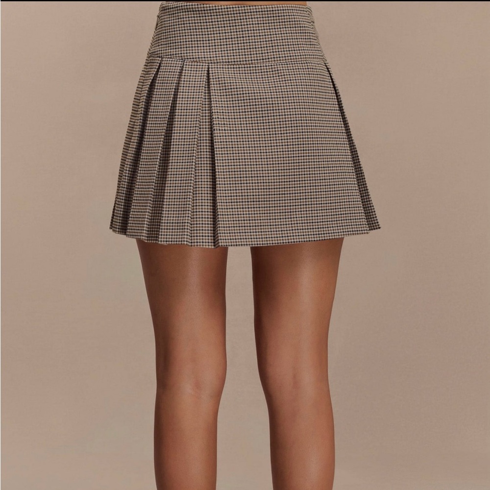 Meshki Tan Check Angie Pleated Buckle Mini Suiting Skirt - Spring Suiting NWOT - Picture 6 of 12